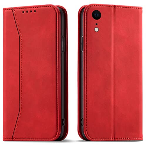 OKZone Kompatibel mit iPhone XR (6,1 Zoll) Hülle, Magnet Leder Tasche Handyhülle, Kartenfächer iPhone XR Schutzhülle, [Premium PU Leder] Flip Klappbare Stoßfeste Magnetische Standfunktion (Rot)