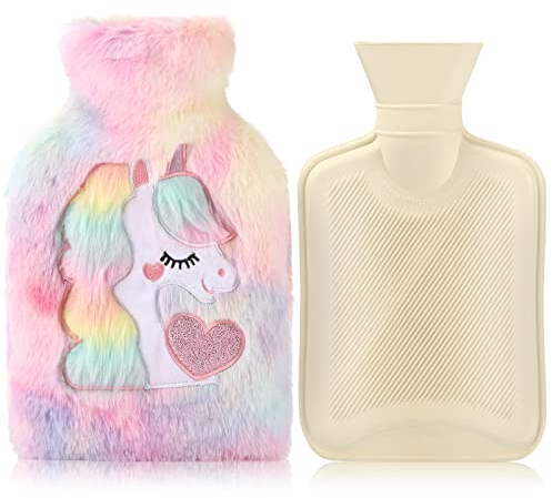 Hot Water Bottle with Cover,Removeable & Washable Soft Unicorn Plush Bottle Cover Warm in Winter,Natural Rubber 1 L for Neck,Waist,Back,Legs,Shoulder (Red)