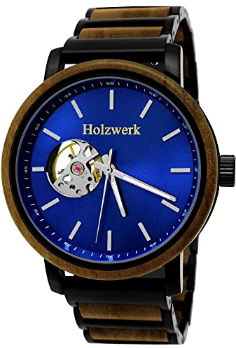 Holzwerk Germany Handgefertigte Automatik Herren-Uhr Öko Natur Holz-Uhr Holz Armband-Uhr Braun Schwarz Blau Analog