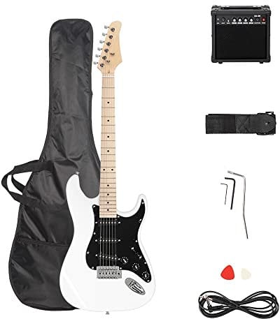 LALAHO Electric Guitar with 20Watt Amp, Full Size 39 Inch Beginner SSS Pickups Electric Guitars Kit W/Accessories Strap, Gig Bag for Kids & Adults (White)