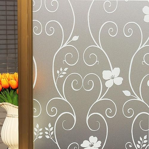 DUOFIRE Vinilos para Cristales, Patrón de Flores Vinilo Ventana Privacidad, Opaco Esmerilada Decorativa Electrostaticos Anti-UV Vinilo Adhesivo Cristal para Hogar, Oficina (Blanco, 44.3cm X 200cm)