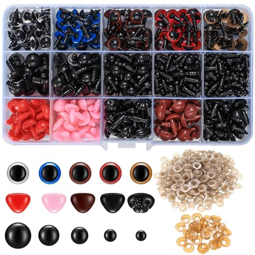 pzihao 752 Stück Sicherheitsaugen für Häkeltiere, Kunststoff Sicherheitsaugen für Amigurumi mit Unterlegscheiben, 5-12mm Sicherheitsaugen und Sicherheitsnasen Set für Häkeln, Stofftiere, Puppenaugen