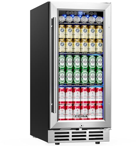 EUHOMY 15 Inch Beverage Refrigerator Cooler Under Counter 127 Cans Beverage Fridge Built-in or Freestanding with Glass Door, LED Light, Beer Fridge for Soda, Water, Wine - Home Kitchen Bar.