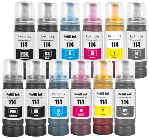 SHUOLEI 114 Tinte Kompatibel mit Epson 114 Tintenpatronen Nachfülltinte Multipack, für ET-8500 ET-8550 (12-Pack, 2 Schwarze/2 Foto Schwarze/2 Cyan/2 Magenta/2 Gelb/2 Grau)