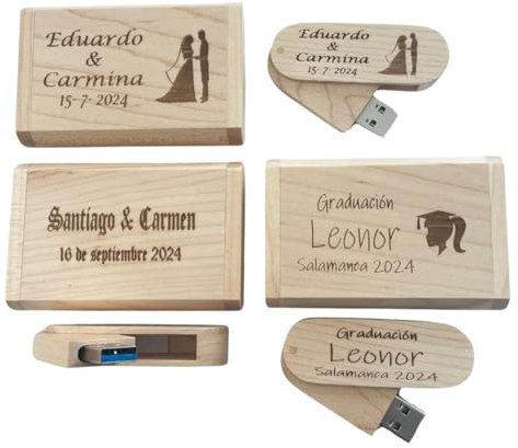 Regalo Grabado - 5 Memorias Personalizadas 32GB o 64 GB USB 3.0 | Pendrive con Caja Madera Natural | Grabado de Texto o Logo Boda, Cumpleaños, Empresa | Unidades (5)