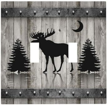 Porte de grange rustique vintage en bois noir, élan, cerf, pin, lune, double interrupteur artistique, plaque murale décorative à 2 interrupteurs pour salle de bain