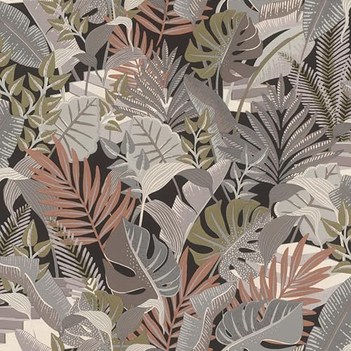 Rasch Tapete 687842 - Vliestapete mit bunten Palmenblättern in Grau und Grün, Dschungeltapete aus der Kollektion Tropical House