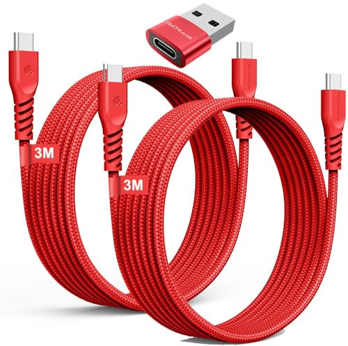 TECHGEAR USB C to USB C Long Charger Cable 60W (3M+3M+Adapter) Braided Extra Long Fast Charging Type C Data Lead for iPhone 17 16 15 Pro Max, iPad A16/Air/Pro, Samsung S26 S25 S24, Pixel, Honor Switch