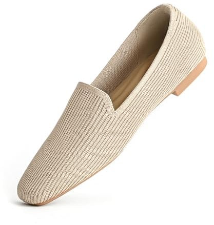 AIUZO Flache Schuhe mit quadratischer Zehenpartie für Damen, gestrickt, Ballett, Flache Schuhe, waschbar, Slipper, weiches Netzgewebe, Flache Schuhe für Party, Hochzeit, Büro, Freizeit,Aprikose,39EU