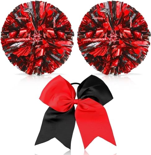 Theaque Cheerleader Pompons und Große Cheerleader Haarschleife für Mädchen 12 Zoll Metallic Cheerleader Pompons für Sport, Teamgeist, Anfeuerung (rot und schwarz gemischt)