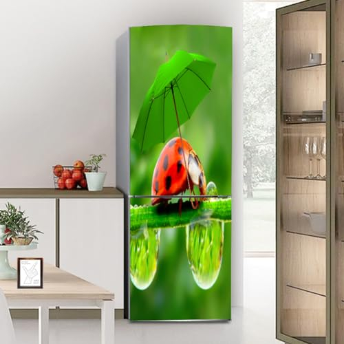 Fridge Wraps Kitchen Fridge Stickers Cover Full Doors, Fridge Sticker Full Covering Door Fridge Covers Decor, Freezer Skins Wall Stickers for Kitchen Decal, Ladybugs with Green Umbrella