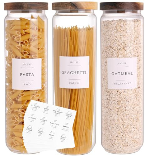 CZZGSM 3 Set Glass Pantry Storage Jars with Acacia Airtight Lid - 50oz Thicken Glass Kitchen Canisters with 132 Pantry Labels - Tall Food Storage Containers with Wood Lid for Pasta,Spaghetti,Cereal