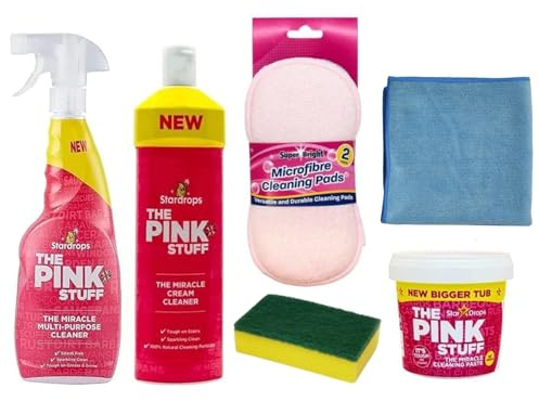 EDE Group Pink Stuff 3 pcs Set - Multi-Purpose Cleaner 850ml Spray, Cream Cleaner 500ml, Cleaning Paste 850g with Elbow Grease 3+1 Sponge, Micro-Fibre Pad and Cloth