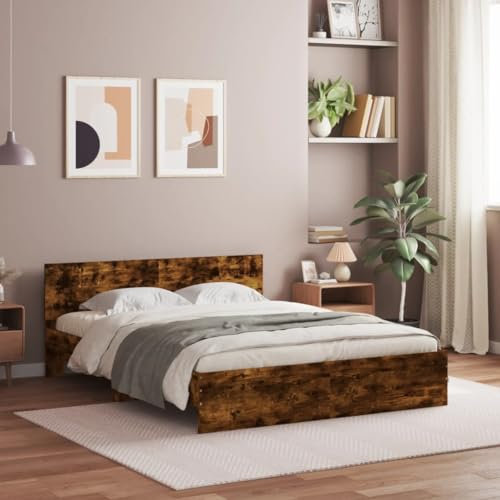 vidaXL Smoked Oak King-Size Bed Frame with Headboard - 150x200 cm, Plywood Slats, Engineered Wood Base, Contemporary Bedroom Furniture