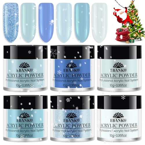 6PCS Weihnachten Acryl-Pulver, EBANKU Acryl Pulver Set Blau Acryl Nagel Pulver für Nagel Acryl Verlängerung, Nagelschnitzen Langlebig, Keine Nagellampe für Die Weihnachtsfeier Nötig