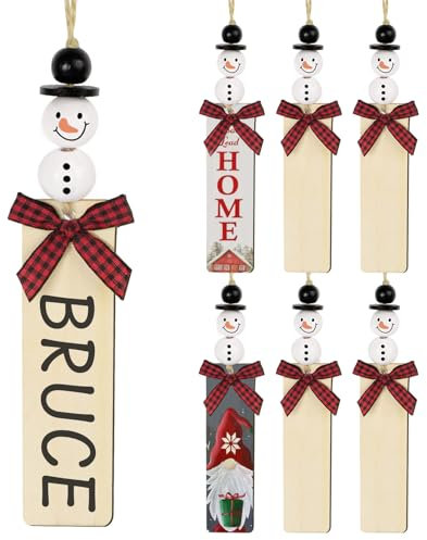 6pz Decorazioni Pupazzo di Neve Legno Albero di Natale, Ornamenti Addobbi Natalizi Ciondoli Legno per Regali Lavoretti Natale Etichette Fai da Te (B)
