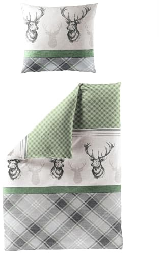 Traumschlaf kuschelig weiche Biber Bettwäsche Hirsche Gold aus 100% Baumwolle mit Reißverschluss 155x200 cm + 80x80 cm