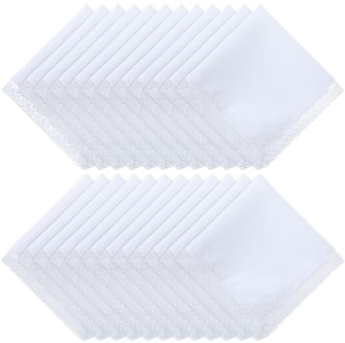 Boao 24 Stück Damen Taschentuch mit Spitze Reinweiß mit Spitzenkante Taschentuch für Frauen, Weiss/opulenter Garten, 9.84 x 9.84 inches