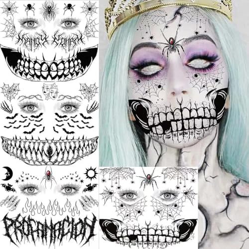4 Tatuajes Temporales de Cara de Halloween para Hombres y Mujeres Tatuajes Adhesivos Adulto Heridas Falsas Cicatrices Bruja Zombie Maquillaje Maquillaje Telaraña Tatuaje Cara Pegatinas