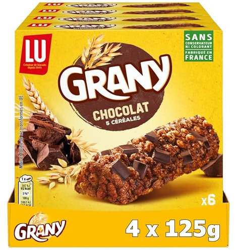 LU GRANY - 4 Boîtes de 6 Barres Chocolat - 5 Céréales et Chocolat - Lot Barres en Sachets Individuels - Format de Poche Pratique - Fabriqué en France - Lot de 4x125g