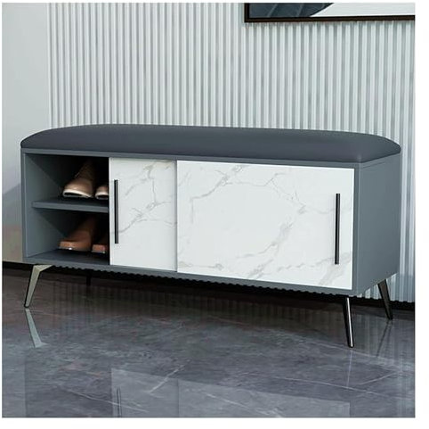 Banco de almacenamiento de zapatos de entrada con reposapiés tapizado y zapatero con puerta corredera, color negro