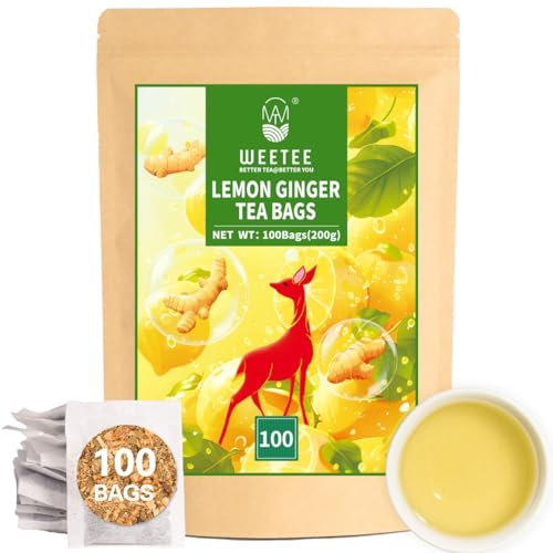 WEETEE Ingwer Zitronen Tee Beutel, 100 Stück Zitronen und Ingwer Kräutertee Beutel, Hergestellt mit Zitronengras, Ingwer, Zitronenschale, süßer Tee, koffeinfreier Kräutertee (Ginger Lemon Tea)