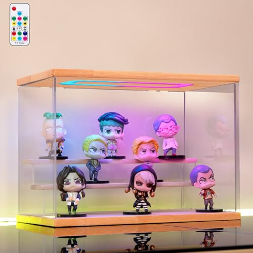 AZEYN Acryl Vitrine mit RGB LED Beleuchtung für Modellautos Figuren, 3/4/5/6 Stufen Mehrfarbige Licht Staubschutz Schaukasten für Sammlerfiguren (Holz, 3 stufen, 32x18x23cm)