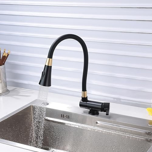 Küchenarmatur Flexibel Schwarz Wasserhahn Küche Klappbar Vorfenster mit 2 Strahlarten Spülenarmatur Küche 360° Drehbar Schwarz+Gold