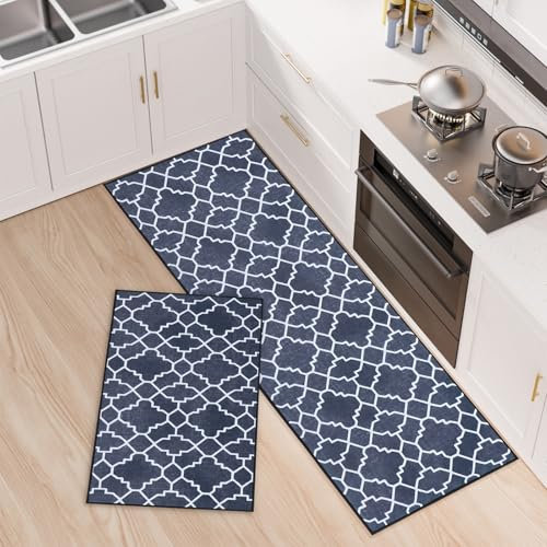 OPLERT Alfombras de Cocina Antideslizantes 2 Piezas, Absorbentes de Agua y Resistentes a Las Manchas, Alfombras de Correr Lavables para Pasillo, Cocina, Lavadero, Salón,Negro,43x75+43x150cm