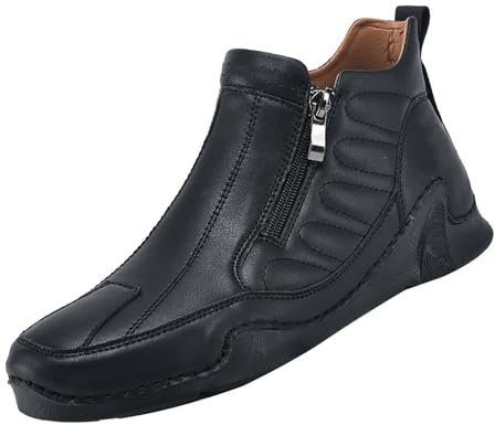 Generisch Lederschuhe Herren Halbhoch Walking Schuhe Herren Breit Outdoorschuhe Ruschfest Fitnessschuhe Flache Sohle Schlupfschuhe Einfarbig Trekkingschuhe Bequem Komfortschuhe Einfarbig Stiefeletten