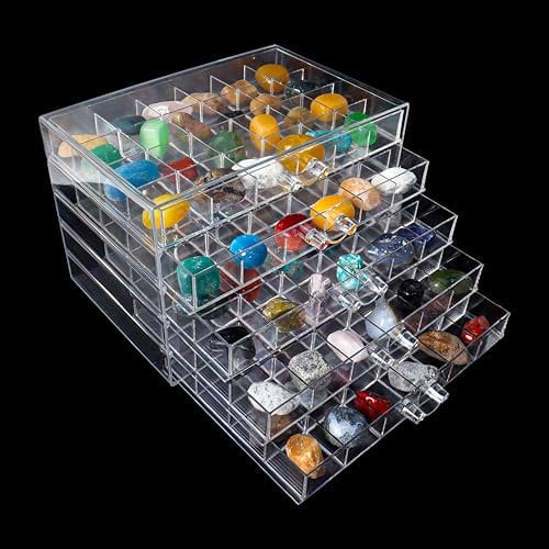Dmnnlp Kleine Stein-Vitrine, 5 Schubladen, 120 Gitter (3 x 3 cm), transparente Acryl-Sammelbox, Schaukästen für Sammlerstücke, kleine Steine, Edelstein-Aufbewahrungsboxen (21,5 x 14 x 14,5 cm)
