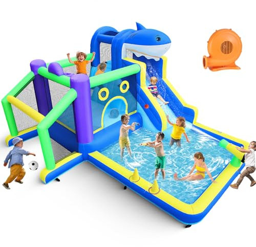 10-in-1 Inflatable Bounce House Water Slide for Kids, 13.3x11.3FT Large Toddler Park with Splash Pool, Jumping, Climbing Wall, Water Cannon, Basket, Football Area, Ball Shootings, 450W Air Blower