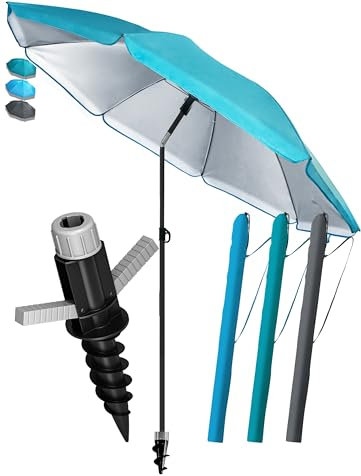 4smile Sonnenschirm Strand SunnyJoy Ø 200 cm, 3er Set - Strandschirm mit UV Schutz 50+, inkl. Sonnenschirm Schutzhülle und Bodenhülse - Strandschirm windfest stabil, Sonnenschutz Strand, Türkis