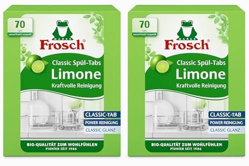 Frosch Classic Spül-Tabs Limone – 2 x 70 Tabs – Kraftvolle Reinigung mit Limonenfrische – umweltschonende Geschirrspül-Tabs – Bio-Qualität – Wasserlöslich verpackt +Purlife Sticker