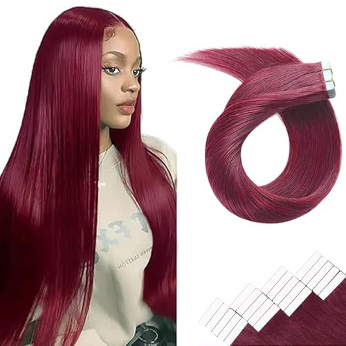 WuvuSnm Tape In Extensions Echthaar Human Hair Straight Invisible Extensions #99J Burgundy Color 16 Zolls 20 Pièces/50g Haarverlängerung Echthaar for Women Minimal Smell Low Shedding