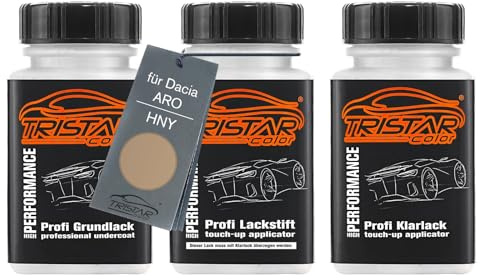 TRISTARcolor Autolack Lackstifte für Dacia HNY Safari Beige Metallic +1K | für Dacia / ARO, Set aus Grundlack + Basislack + Klarlack, Lackfläschchen mit Pinsel, je 50ml