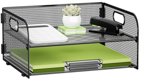 2 Tier Metal Mesh Desk File Organizer, Letter and Paper Tray with Handle, Non-Slip Base for Office School Supplies, Black