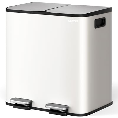 GaveeHome Bote de basura de 2 compartimentos – 2 cubos de basura de acero inoxidable de 15 L con pedal, separador de residuos de cocina, asa lateral y tapa acolchada (Blanco, 2 * 15L)