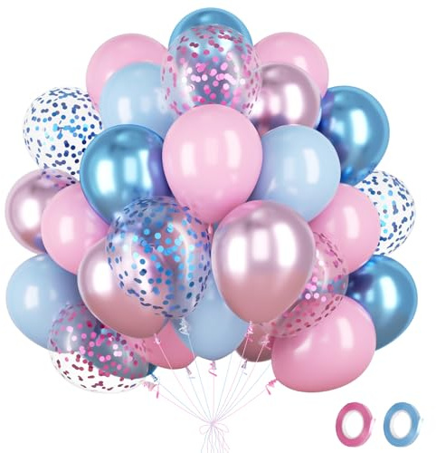 Fairymaiden Ballon Rose Bleu- 60 Pièces Bleu Rose Ballons Avec Métallisé Confettis Ballons, Ballon Helium Pour Decoration Anniversaire Gender Reveal Bridal Baby Shower Mariage, 12 Pouces
