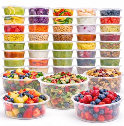 1ABOVE Round Plastic Food Containers with Lids – Reusable Leakproof BPA-Free Meal Prep Storage, Microwave, Freezer & Dishwasher Safe (50, 250ml)