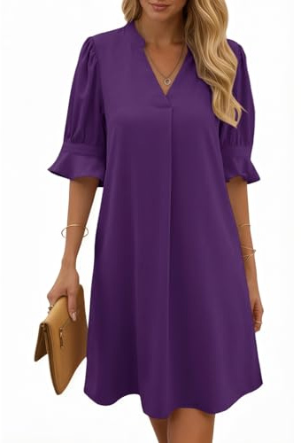 Cicy Bell Robe d'été pour femme, élégante, manches mi-longues, col en V, robe de fête, robe décontractée, robe midi uni, décontractée, avec lignes A, robe courte, violet, XX-Large
