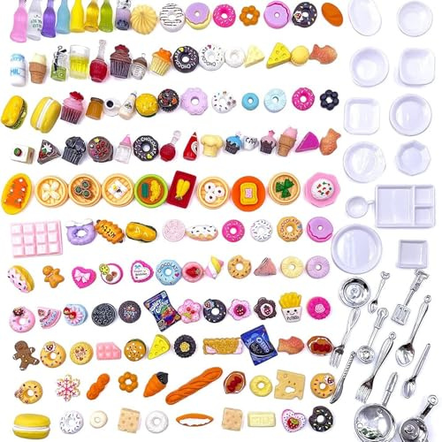 150Pcs Mini Food Play Food Set, Random Simulated Food and Drink Miniatures for Dollhouse Kitchen, 1/12 Scale Resin Tiny Food Crafts for Hair Clip Making & Decor, Toy Kitchen Accessories