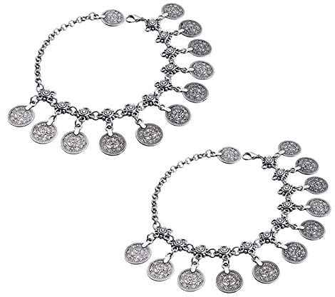 EQLEF 2pcs Femmes Plage Cheville Tribal Ethnique Pièce Gypsy Ankle Chain Adjustable Bohemian Ankle Chain Bijoux (Argent)