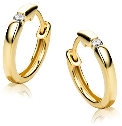Orovi Schmuck Damen runde Solitär Brillant-Diamant-Creolen mit natürlichen Diamanten im Brillantschliff 0.07CT Zeitlose klassische Ohrringe aus Gelbgold 9 Karat(375) Gold, Kreolen-Durchmesser 13mm