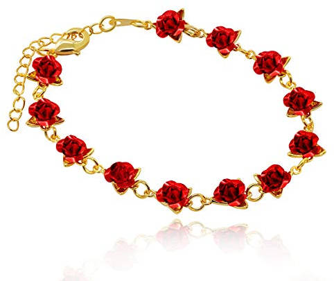 Uloveido Nette Rote Rose Blume Charme Armband für Frauen Mädchen 18 Karat Vergoldet Natur Schmuck, Hochzeitsgesellschaft Brautjungfer Geschenk (Gelb Gold Farbe) Y452
