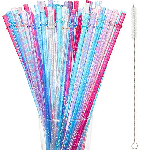 48 Stück 11 Zoll Wiederverwendbare Hartplastik Strohhalme ohne BPA, Klare/Bunte Glitzer Strohhalme Trinkhalme mit Reinigungsbürste Strohhalme Reiniger (Mulitifarbig)