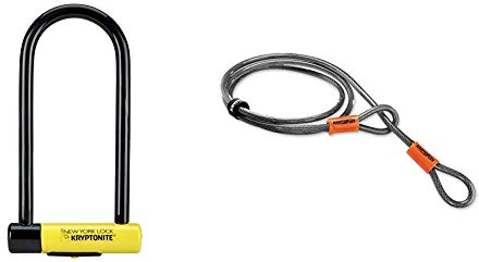 Kryptonite New York LS Fahrradschloss, robust, U-Form, unisex, SperrenSchloss, GK002161, gelb, Long Shackle & Schlaufenkabel Krypto Flex 213 cm, ⌀10 mm, grau