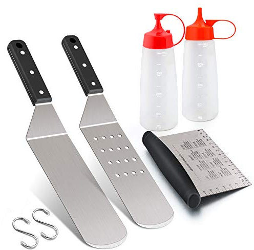 Griddle Accessories Set of 5, Leonyo Stainless Steel Grill Griddle Tool Set- Metal Spatula for Flat Top Hibachi Teppanyaki Kitchen Cooking, Riveted Grip, Dishwasher Safe, S Hooks, Indoor Outdoor