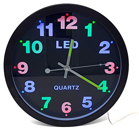 Starlet24 Wanduhr 29,5cm Ø beleuchtet mit bunter LED-Zifferbeleuchtung und Quarz-Uhrwerk (laufruhig, analog, leise, kein Ticken) Schwarz