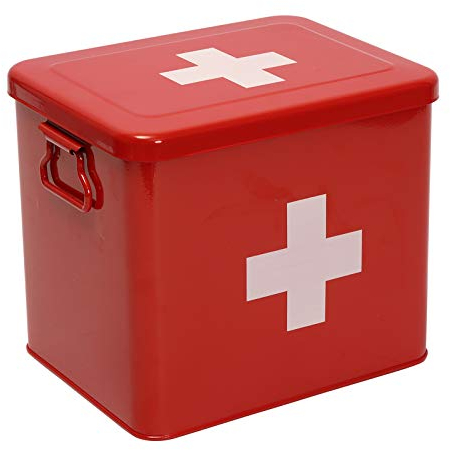 Xbopetda First Aid Kit, First Aid Medicine Supplies Bin - 2-Tier Metal Medicine Storage Tin, First Aid Box with Removable Tray for Home Emergency Tool Set-Red